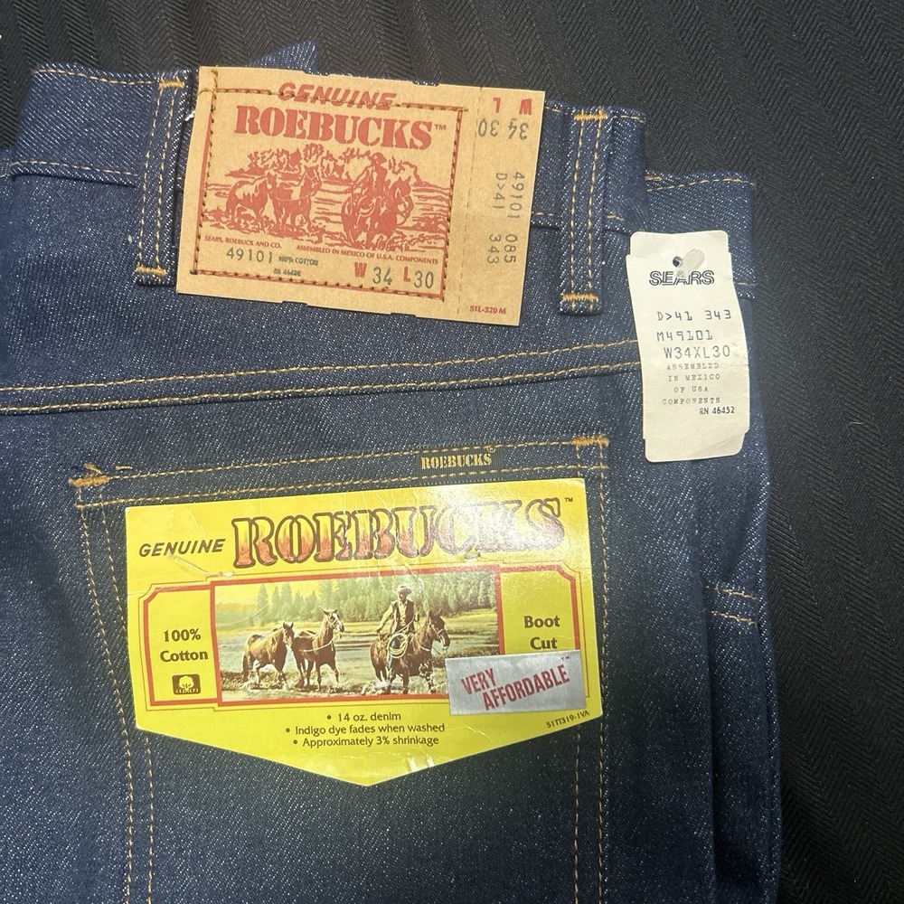 Vintage Roebucks Straight Leg Mens Jeans 34x30 Dark Wash 14 oz Denim USA 70s 80s